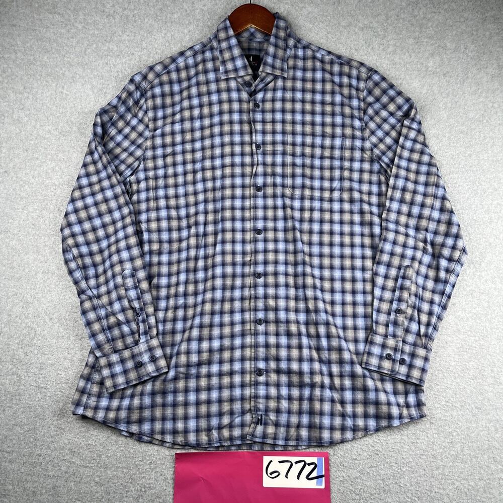 Johnnie-O Shirt Large Blue Gray Check Preppy Casual Button Up Long Sleeve Mens